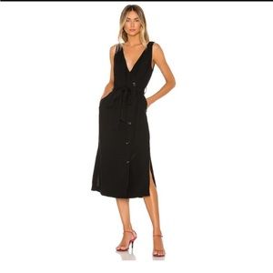 Button-front Faux Wrap Black Dress Midi